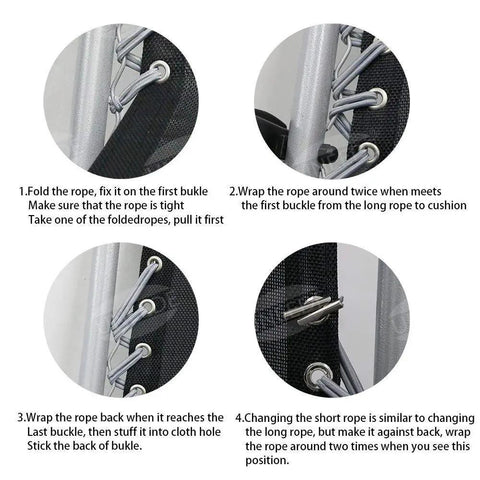Instructions for installing Heavy Duty Zero Gravity Chair Replacement Cords Set Of 4 Black with ropes and metal tips.