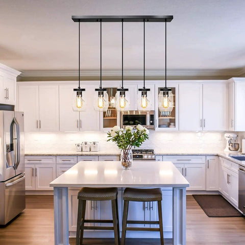 Five Light Glass Mason Jar Pendant Lights Farmhouse Kitchen Island Dining Room, rustic ceiling fixtures over kitchen island