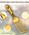 Front view: gold stainless steel slotted spatula with wide slots; high-heat fish-turner with storage hook.