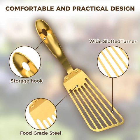 Front view: gold stainless steel slotted spatula with wide slots; high-heat fish-turner with storage hook.