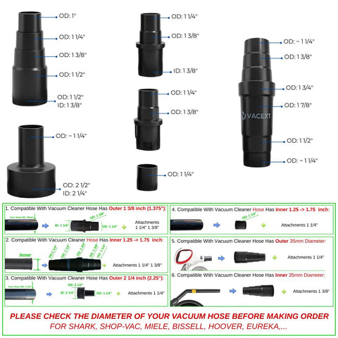 Universal Vacuum Hose Adapter Kit Quick Connect Reducer Set showing various adapter sizes for reusing old attachments