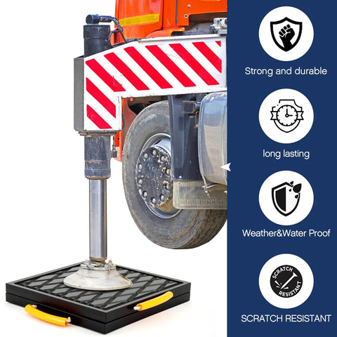 Four Piece Heavy Duty RV Jack Pads With Easy Grip Handles 12 X 12 X 1 Inch supporting a stabilizer leg under an RV wheel.