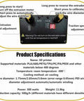 Product specifications panel for Sleek Desktop 3D Filament Extruder And Auto Coil Winder showing settings and materials.
