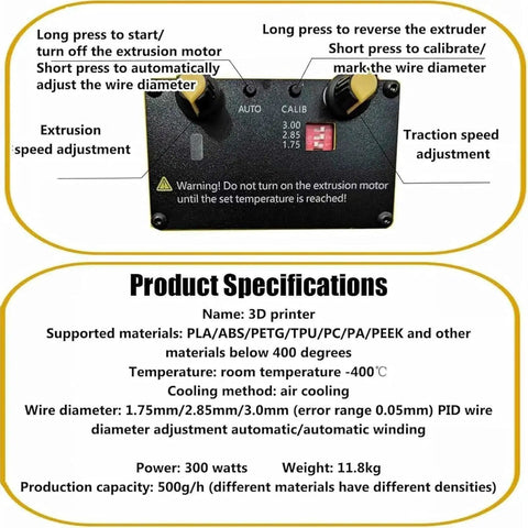 Product specifications panel for Sleek Desktop 3D Filament Extruder And Auto Coil Winder showing settings and materials.