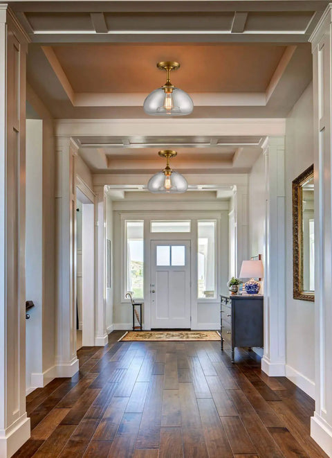 Modern Brass Semi Flush Mount Ceiling Light With Clear Glass Globe Farmhouse Gold Overhead Fixture For Hallway Entryway Bedroom Bathroom Porch 10.63 Inches Wide 11.41 Inches High in hallway