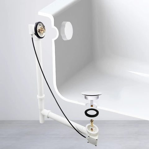 No Sweat Installation 27 Inch Cable Drive Bath Drain Trim Kit Featuring Top Shelf Brass Rotary Overflow Knob And Secure Pop Up Stopper For Stress Free Plumbing Fixes White exposed under bathtub.