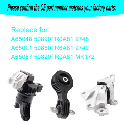 Set Of 3 Engine Motor Mount And Transmission Mount Kit For 2012 Through 2015 Civic 1.8L Coupe And Sedan Replacement Front Motor Mount And Rear Torque Strut Mount With A65048 A65021 A65087 50890TR0A81 50850TR6A81 50820TR0A81 showing three automotive parts.