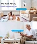 Two Pack 360 Degree Wireless Light Bulb Cameras For Indoor And Outdoor Use Dual Band 2.4GHz 5GHz WiFi 1080p HD Night Vision Motion Alerts Two Way Audio Easy Install In Standard Light Socket Smart Home Security Camera System showcasing two-way audio feature with people communicating indoors