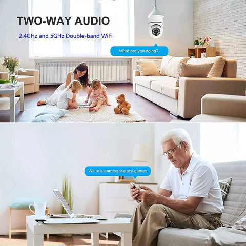 Two Pack 360 Degree Wireless Light Bulb Cameras For Indoor And Outdoor Use Dual Band 2.4GHz 5GHz WiFi 1080p HD Night Vision Motion Alerts Two Way Audio Easy Install In Standard Light Socket Smart Home Security Camera System showcasing two-way audio feature with people communicating indoors