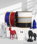 Pro Grade Burgundy Red 1.75mm PLA Pro Filament, 1Kg Spool, with colorful 3D printed models like astronaut and ghost