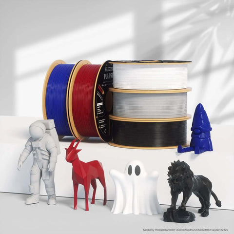 Pro Grade Burgundy Red 1.75mm PLA Pro Filament, 1Kg Spool, with colorful 3D printed models like astronaut and ghost