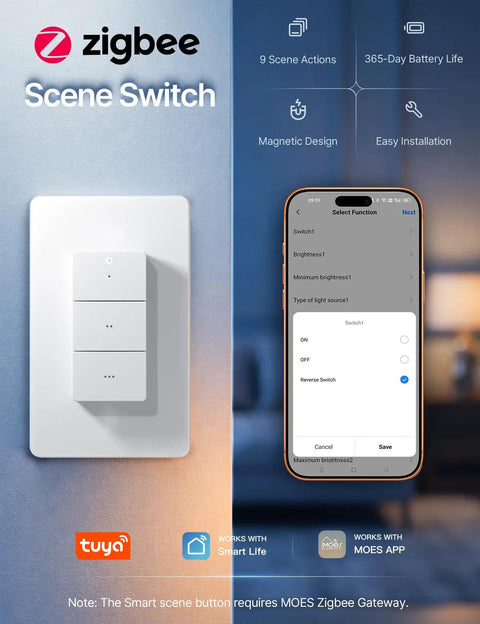 ZigBee Smart Scene Switch With 3 Button Remote Controller, wall-mounted with app interface on a smartphone, no wiring required.