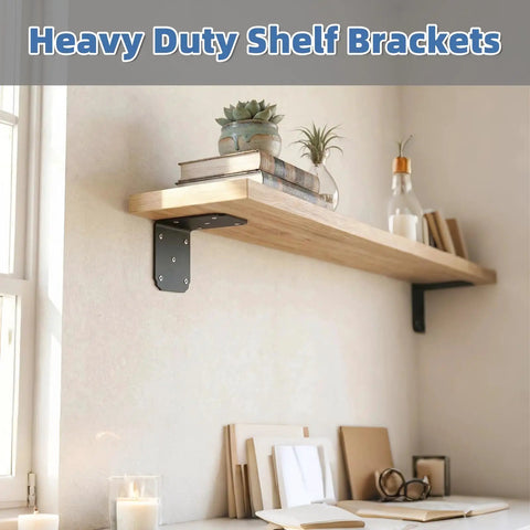 Heavy Duty Shelf Brackets supporting a wooden shelf with books and plants, designed for secure mounting.