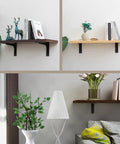 Mounted shelves with 6x4 Inch Shelf Brackets Beefy Heavy Duty Alloy Metal With 300 Lb Max Load Pack Of 4, supporting decor items.