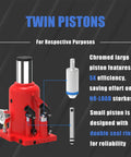 Beefy 5 Ton Pneumatic Bottle Jack with twin pistons, chromed large piston and double seal rings for reliability.