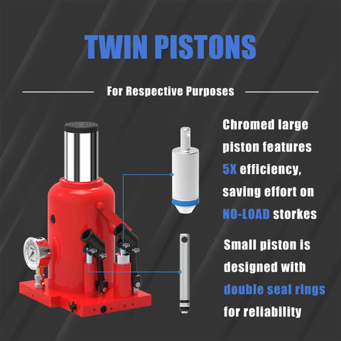 Beefy 5 Ton Pneumatic Bottle Jack with twin pistons, chromed large piston and double seal rings for reliability.