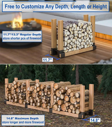 Adjustable Depth Firewood Rack Bracket Kit For 2x4 Lumber Storage, Outdoor And Indoor Patio Use, Three Depth Settings 11.7, 13.3, 14.8 Inches, Pair, 2x4s Not Included