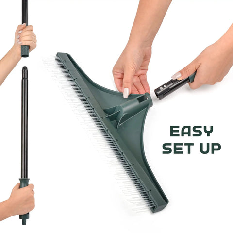 Artificial Turf Rake For Pet Hair, Leaves And Debris, Adjustable 63 Inch Telescoping Handle, Easy setup demonstration.
