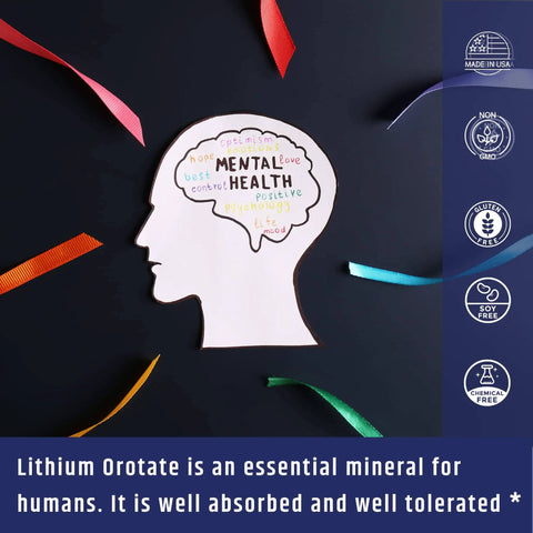 Memory And Mood Boosting Lithium Orotate Supplement with mental health benefits, 10mg capsule, 60 vegetarian capsules, USA made.