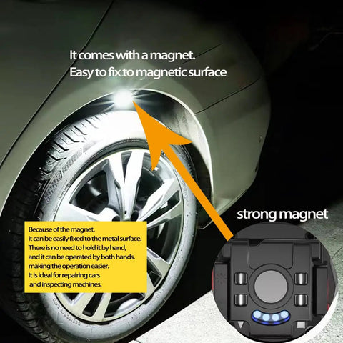 Magnetic COB Keychain Work Light With 7 Modes, 1600 Lumens illuminating car wheel with magnetic back attachment