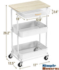 3 Tier Rolling Utility Cart With Drawer And Wood Tabletop Maple Finish Slick Mobile Side Table And Nightstand Slim Storage Trolley For Bedroom Bathroom Office And Art Supplies Easy Roll Casters shown with measurements