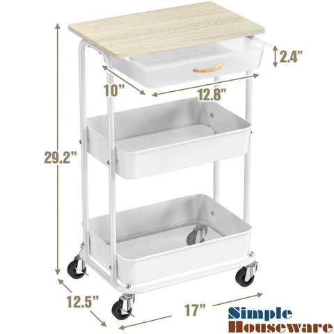 3 Tier Rolling Utility Cart With Drawer And Wood Tabletop Maple Finish Slick Mobile Side Table And Nightstand Slim Storage Trolley For Bedroom Bathroom Office And Art Supplies Easy Roll Casters shown with measurements
