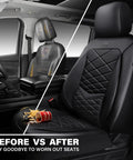 Before and after view of All Black Premium Nappa Leather Front Seat Covers with 3D Foam in a vehicle interior