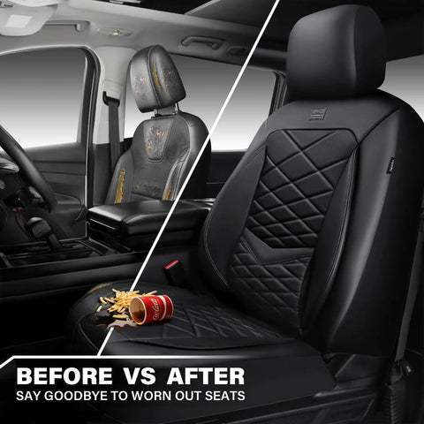 Before and after view of All Black Premium Nappa Leather Front Seat Covers with 3D Foam in a vehicle interior