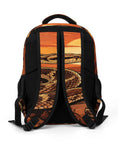Retro Sunset Western Snake Printed Backpack For Everyday Use Unisex with breathable back view and adjustable straps.