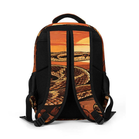 Retro Sunset Western Snake Printed Backpack For Everyday Use Unisex with breathable back view and adjustable straps.