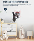 Indoor Security Cam With 360 Pan Tilt, 1080P HD WiFi Surveillance tracking a jumping cat with motion detection in a room.