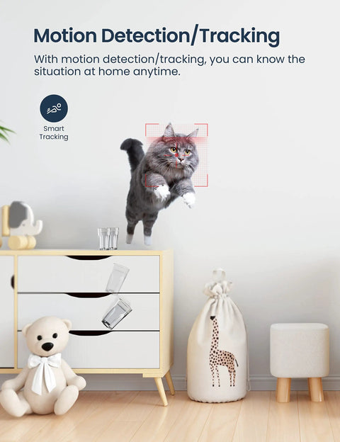 Indoor Security Cam With 360 Pan Tilt, 1080P HD WiFi Surveillance tracking a jumping cat with motion detection in a room.
