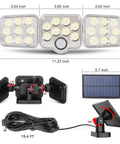 Two Pack Solar Motion Lights Outdoor With Remote Control, showing dimensions, adjustable solar panel, and 15.4 ft cord