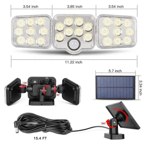 Two Pack Solar Motion Lights Outdoor With Remote Control, showing dimensions, adjustable solar panel, and 15.4 ft cord