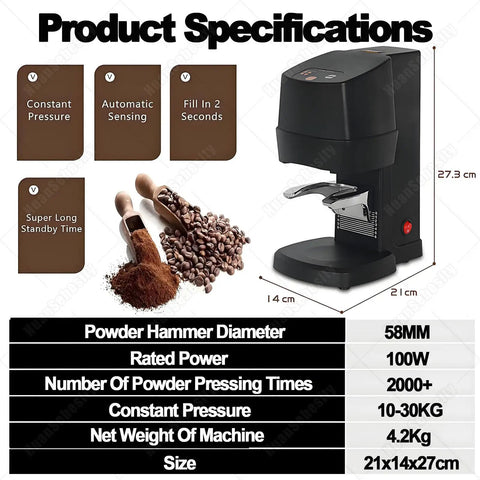 Slap That Coffee Tight With This Fully Automatic Espresso Tamper Machine Offering Adjustable 22 To 66 Lbs Pressure For Flawless Extraction And Serious Barista Cred, featuring specifications including 10-30 kg pressure.