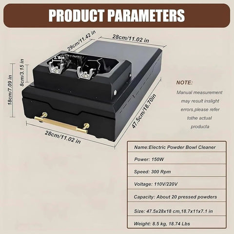 Automatic 58mm Electric Portafilter Cleaner for Home Espresso Machines, black with dual compartments and brass handle.