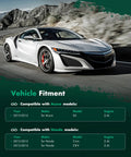 White sports car on a road with compatibility chart for Acura ILX 2013-2015 and Honda Civic, CR-V 2012-2015 2.4L engines.