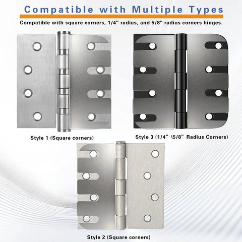 Stainless Steel Door Hinge Shims 4 Inch 16 Pack For No Fuss Easy Door Repair And Fixing Sticking Gaps Quick Install To Level Frames And Swing Smoothly Standard Hinges Compatible, shown in various compatible types.
