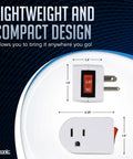 Grounded Outlet Switch Pack Of 4 With On Off Power Toggle 3 Prong Plug Red Indicator Light ETL Listed For Safe Home Use Quick Power On Off For Lamps And Appliances, front and side view with dimensions.