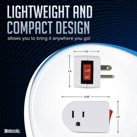 Grounded Outlet Switch Pack Of 4 With On Off Power Toggle 3 Prong Plug Red Indicator Light ETL Listed For Safe Home Use Quick Power On Off For Lamps And Appliances, front and side view with dimensions.
