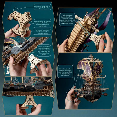 Hands assembling 3D Pirate Ship Puzzle Kit For Adults Build It Yourself Brain Teaser Model Wood Craft Educational Desk Toy And Room Decor Purple Finish.