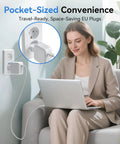 Woman using laptop with US To Europe Travel Plug Adapters Pack, Type C Pin European Outlet Converter Schuko Compatible For Italy Spain Germany France, EU White, Compact And Reliable Power Plug Kit For Easy Travel Across Europe plugged into wall.