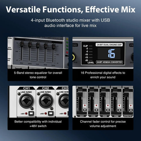 Professional Audio Mixer With USB Interface For Stage And Live Gigs Four Channel DJ Mixer With Stereo Equalizer And Sixteen DSP Effects display
