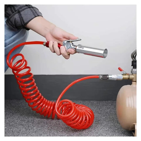 Heavy Duty Coiled Pneumatic Air Hose Reel That Retracts Like Magic To Tidy Up Workshop Messes Real Fast Plus Fits Most Standard Compressor Tools Like A Dream With Flexible Spiral Tube And Easy Plug Connections For Top Notch Airflow, red coil hose with air tool