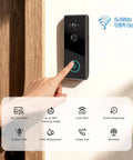 2K Wireless Video Doorbell Camera With Live View Color Night Vision Smart Human Detection mounted on a wall with a hand pressing button