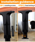 Installation guidance for Built Tough As Nails Adjustable Bed Support Legs showing steps for fixing with screws and locking ring.
