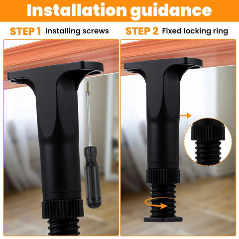 Installation guidance for Built Tough As Nails Adjustable Bed Support Legs showing steps for fixing with screws and locking ring.