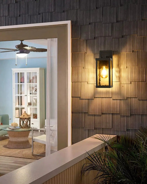 Outdoor Wall Sconce Lantern, Vintage Waterproof Wall Mount Light Fixture on house wall near porch entryway