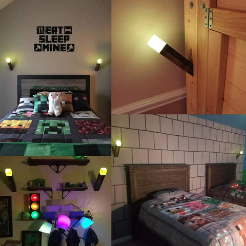 Collage of Lit Up Wall Torch With Battery Or USB Power Pluggable Night Lamp in bedroom and living room settings.