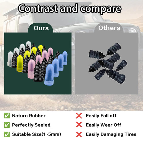Comparison of 80 Pcs Tire Repair Nails Kit With 4 Sizes and other tire plugs, showing design and material differences.